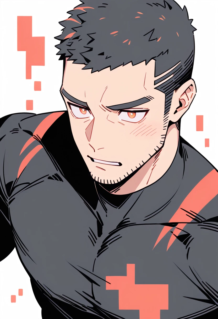 anime characters:Priapus, Muscle Sports Student, Buzz Cut, Manliness, male focus, Light Grey high collar long sleeve tight T-shirt, Very tight, Round, full and perky chest muscles, muscular male, muscular, only, Upper body, alone, Black short hair, Thick eyebrows, stubble, Brown-red pupils, White background, simple background, amazing quality, best aesthetics, Ridiculous, crew cut, parted lips, flustered, endured face, best quality