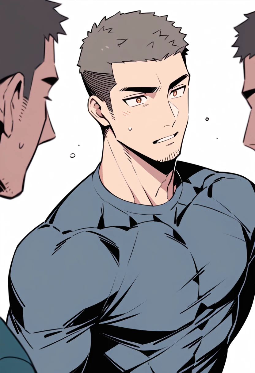 anime characters：Priapus, Muscle Sports Student, Buzz Cut, Manliness, male focus, Light Grey high collar long sleeve tight T-shirt, Very tight, Round, full and perky chest muscles, muscular male, muscular, only, Upper body, alone, Black short hair, Thick eyebrows, stubble, Brown-red pupils, White background, simple background, amazing quality, best aesthetics, Ridiculous, crew cut, parted lips, flustered, endured face, best quality