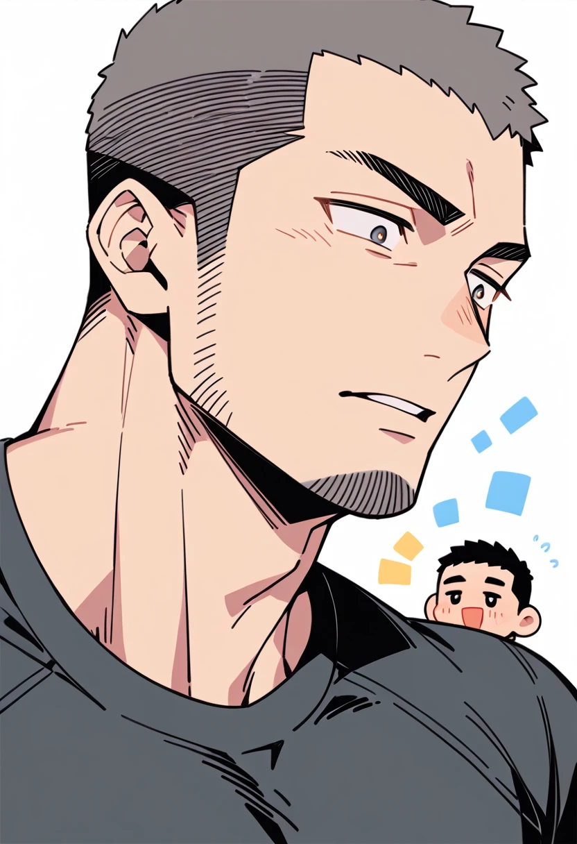 anime characters：Priapus, Muscle Sports Student, Buzz Cut, Manliness, male focus, Light Grey high collar long sleeve tight T-shirt, Very tight, Round, full and perky chest muscles, muscular male, muscular, only, Upper body, alone, Black short hair, Thick eyebrows, stubble, Brown-red pupils, White background, simple background, amazing quality, best aesthetics, Ridiculous, crew cut, parted lips, flustered, endured face, best quality