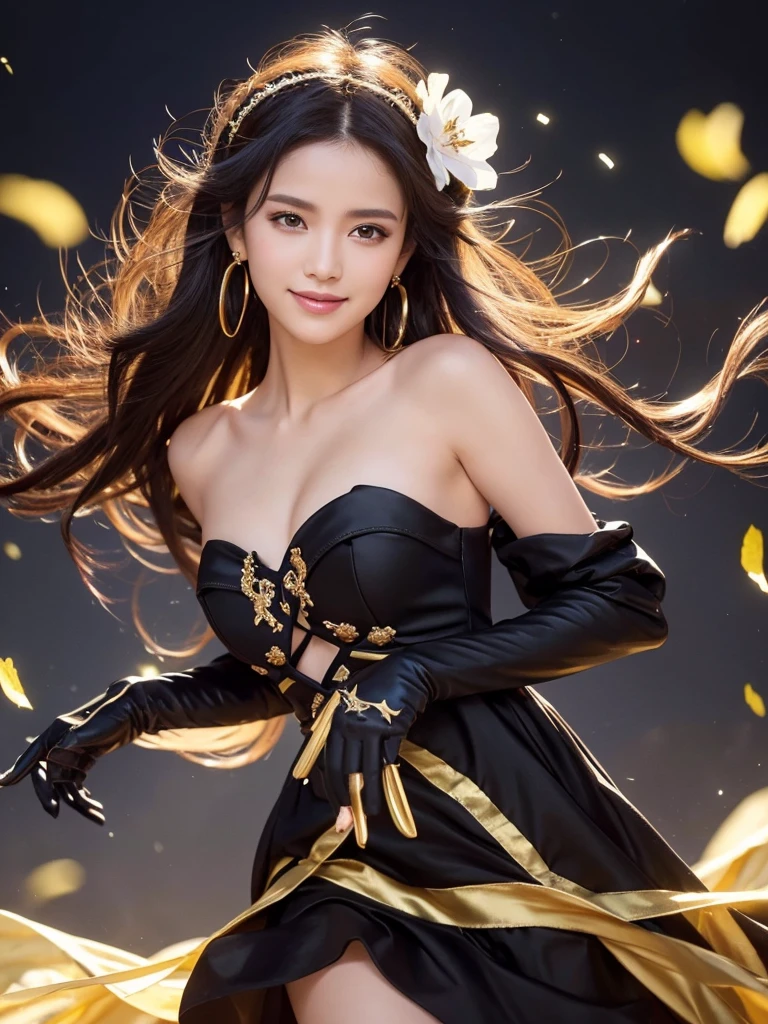 Jolbria, Angel Wings, Beautiful woman, (Realistic), Backlight, Black background, black dress, black gloves, Black Hair, smile, Cowboy Shot, dress, Earrings, Floating Hair, gloves, gold Earrings, gold hair band, Hair Flowers, hair ornaments, ((hair band)), jewelry, Particles of light, Long Hair, Look Viewer, off-the-shoulder dress, Off the shoulder, petal, Side Lock, alone, spike, きれいなdress, Double-sided fabric, ((masterpiece))  