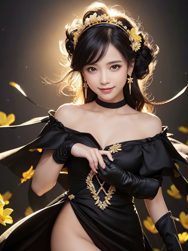 Jolbria, Angel Wings, Beautiful woman, (Realistic), Backlight, Black background, black dress, black gloves, Black Hair, smile, Cowboy Shot, dress, Earrings, Floating Hair, gloves, gold Earrings, gold hair band, Hair Flowers, hair ornaments, ((hair band)), jewelry, Particles of light, Long Hair, Look Viewer, off-the-shoulder dress, Off the shoulder, petal, Side Lock, alone, spike, きれいなdress, Double-sided fabric, ((masterpiece))  