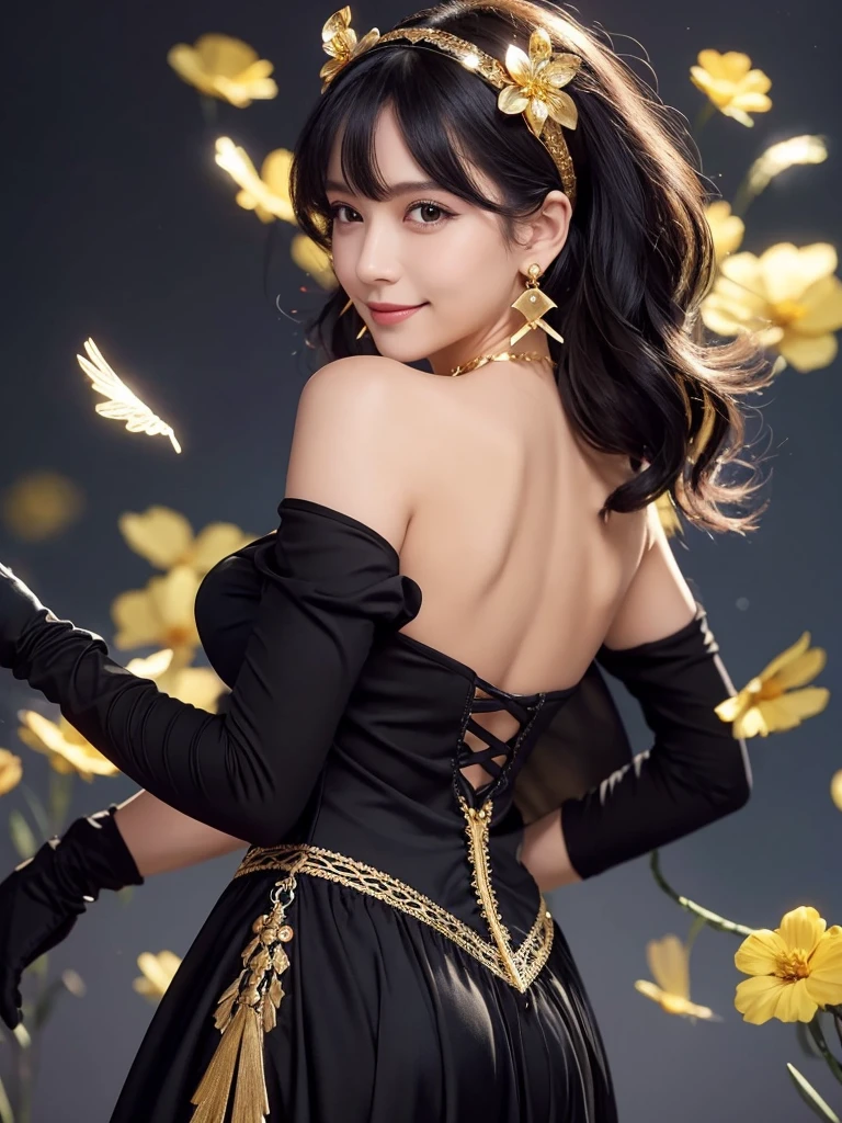 Jolbria, Angel Wings, Beautiful woman, (Realistic), Backlight, Black background, black dress, black gloves, Black Hair, smile, Cowboy Shot, dress, Earrings, Floating Hair, gloves, gold Earrings, gold hair band, Hair Flowers, hair ornaments, ((hair band)), jewelry, Particles of light, Long Hair, Look Viewer, off-the-shoulder dress, Off the shoulder, petal, Side Lock, alone, spike, きれいなdress, Double-sided fabric, ((masterpiece))  