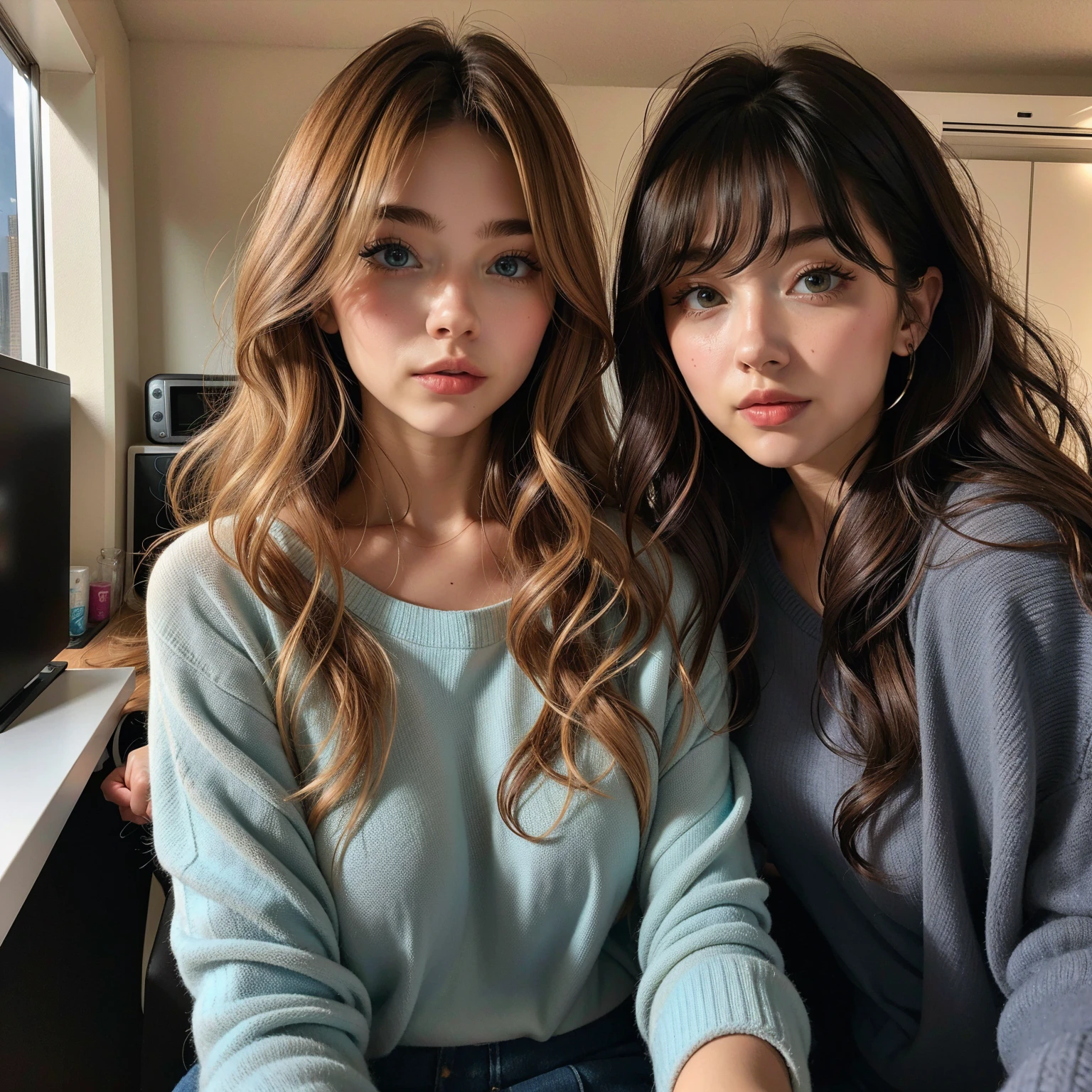 a 25yo woman、Hair color is a gradation color from brown to blue、eye color is brown、Semi-long、hair is wavy、I&#39;m wearing eyeshadow and lipstick、wearing a hair band、accessories on wrist、Slender but well-proportioned muscular body、The navel is visible、wearing a certain tie-front shirt、Chest Pochi、She&#39;s wearing a low-rise mini pleated skirt.、I&#39;m in a place surrounded by concrete walls、a smile、Looking at the camera、Breast size