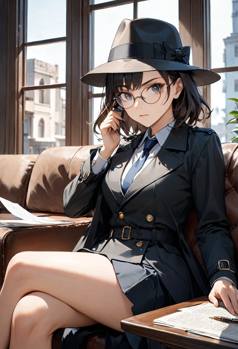 masterpiece, best quality, 8k,1 girl ( black trench coat, suit, skirt, fedora, glasses, cross-legged, sitting on sofa, necktie, right hand hold magnifying glass:1.2, serious), ( table, papers on table ), window, ofice background, hand