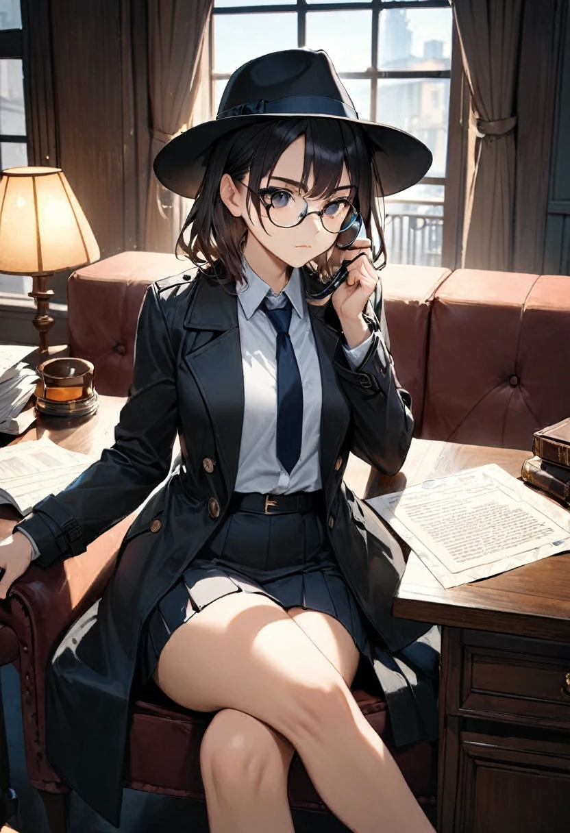masterpiece, best quality, 8k,1 girl ( black trench coat, suit, skirt, fedora, glasses, cross-legged, sitting on sofa, necktie, right hand hold magnifying glass:1.2, serious), ( table, papers on table ), window, ofice background, hand