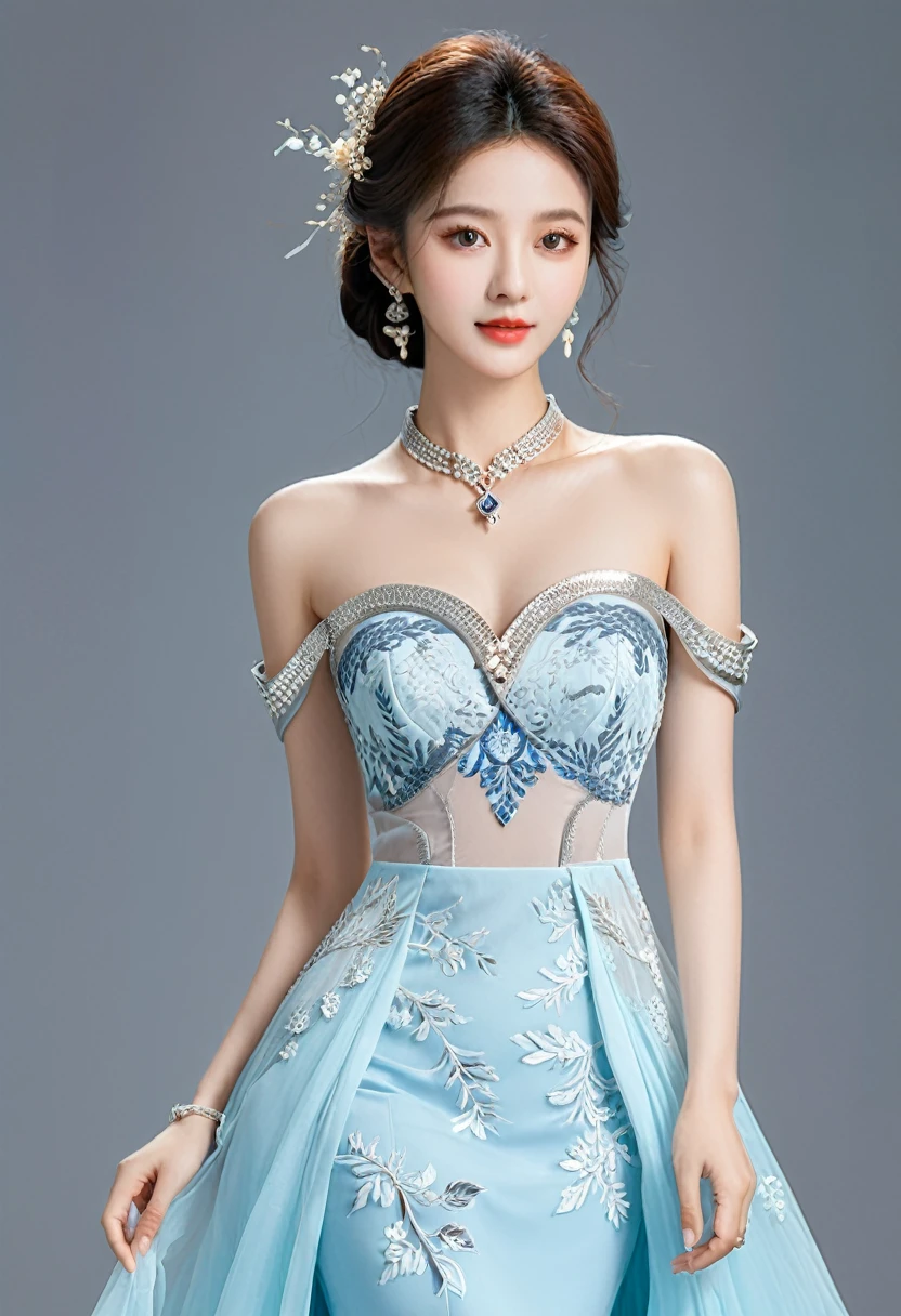 Realistic photo style, whole body 사진에 아름다운 아시아 소녀가 등장합니다., Wearing a unique ethnic style evening gown with delicate skin., bright and lively eyes, Thick eyelashes that look especially attractive. Long dresses are slim and elegant., Eye-catching silver jewelry and alcohol. The high-collar design adds an elegant atmosphere., Color of blue and white porcelain. using light and shadow, The vivid and harmonious appearance of the protagonist is highlighted... whole body, (masterpiece, best quality, professional, perfect composition, very aesthetic, absurd, very detailed, intricate details:1.3)