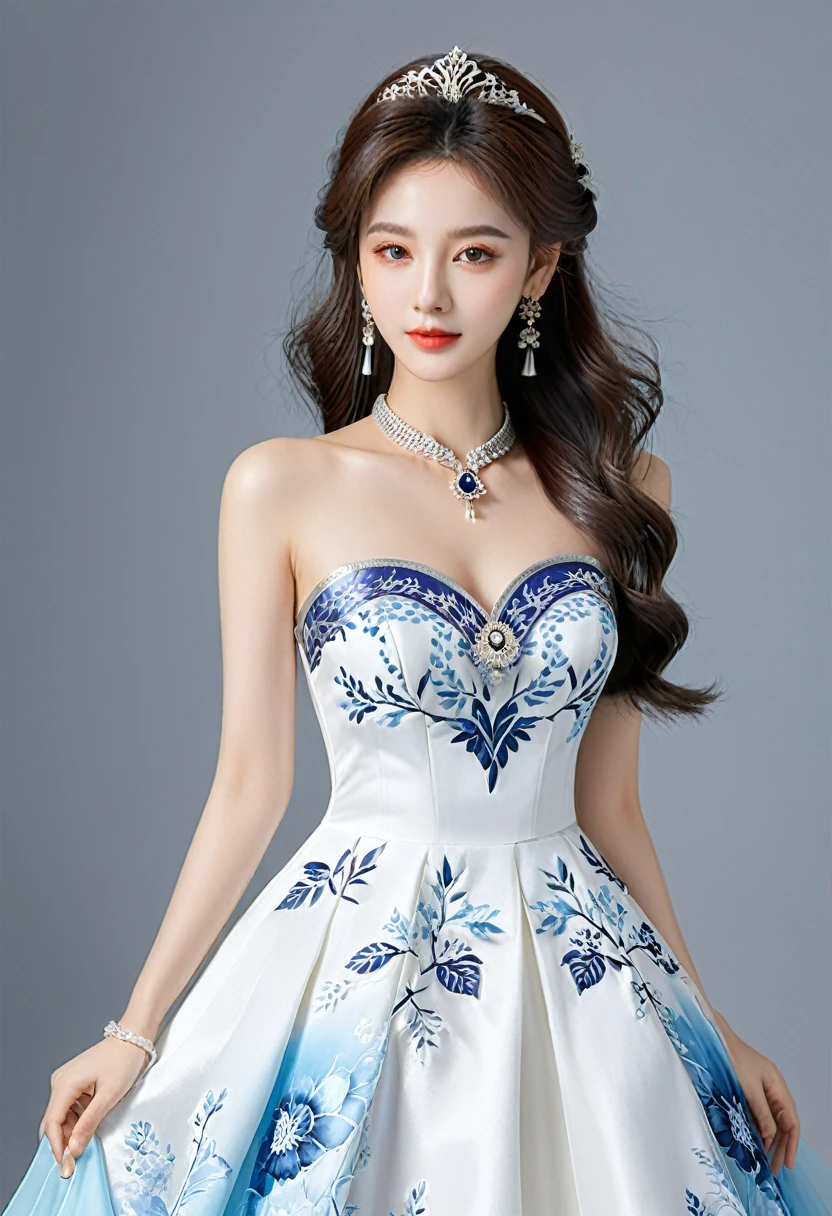 Realistic photo style, whole body 사진에 아름다운 아시아 소녀가 등장합니다., Wearing a unique ethnic style evening gown with delicate skin., bright and lively eyes, Thick eyelashes that look especially attractive. Long dresses are slim and elegant., Eye-catching silver jewelry and alcohol. The high-collar design adds an elegant atmosphere., Color of blue and white porcelain. using light and shadow, The vivid and harmonious appearance of the protagonist is highlighted... whole body, (masterpiece, best quality, professional, perfect composition, very aesthetic, absurd, very detailed, intricate details:1.3)