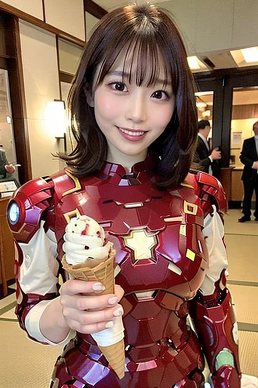 Tabletop, Highest quality, figure, Super detailed, In detail, High resolution, 8k wallpaper, Perfect dynamic composition, 1 beautiful girl, Beautiful attention to detail, (Look at the parfait), short Hair with bangs, slender chest, Natural color lip, toothy smile, Open your mouth:1.2, 20-year-old girl, One girl, alone, eat, Holding food, Realistic,(licking ice cream, ice cream cone:1.25)、(Beautiful Japanese Girls:1.23)、(wearing a Iron Man Suit:1.4),(iron man pose:1.5)