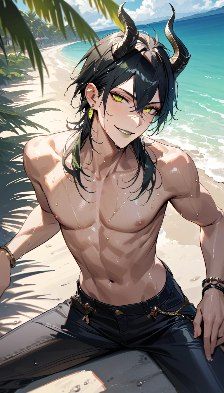 masterpiece, highres, absurdres, illustration,   ((masterpiece:1.4, best quality)), (Ultra detailed background), 1boy, handsome man, highly detailed beautiful face and eyes, beautiful eyes, (sharp detail:1.3), shiny, earrings, bracelet, (wet clothes:1.3), Shirts, Bari, Cebu Island, plumeria, near the beach, dynamic angle,  1boy, sitting on floor, topless, black leather jacket, jeans, dynamic angle, malleus draconia (twisted wonderland) horns, bishounen, boy, male, yana Toboso style, long hair, black hair, yellow green eyes, smile, gray lips, handsome, skinny, tall, yellow green glow,