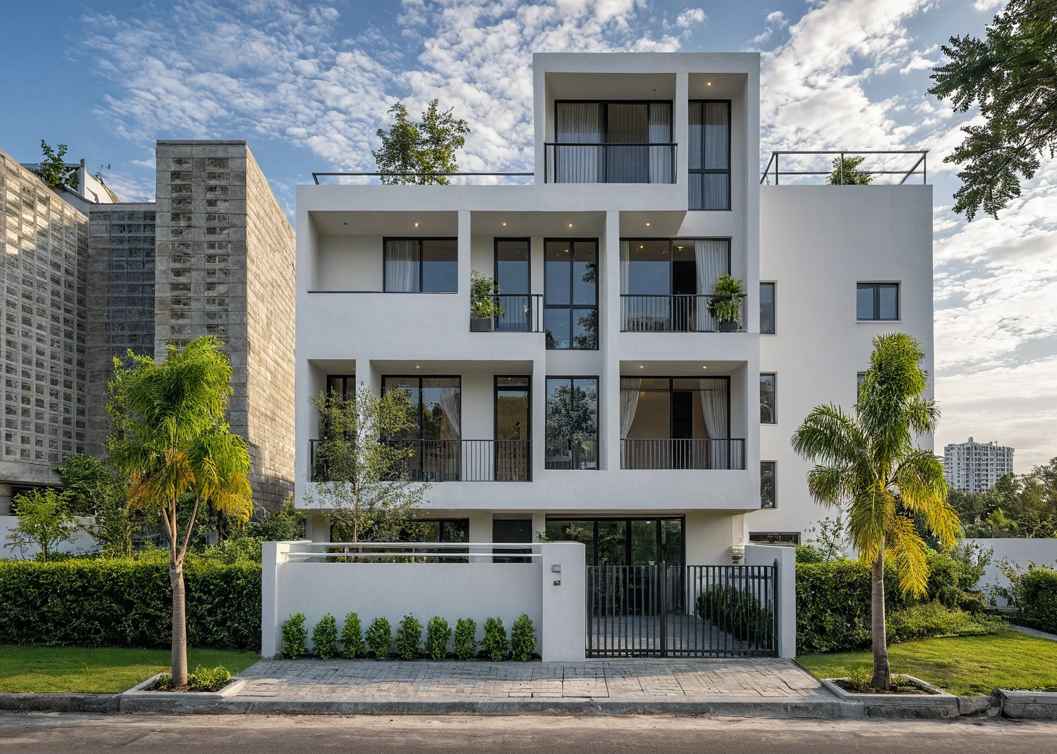 Masterpiece, high quality, best quality, authentic, super detail, outdoors, onestoreyvillaXL, aiaigroup, house style modern on the street ,stairs, white wall ,road,pavement, grass, trees, sky, cloud, (daylight:1.1)