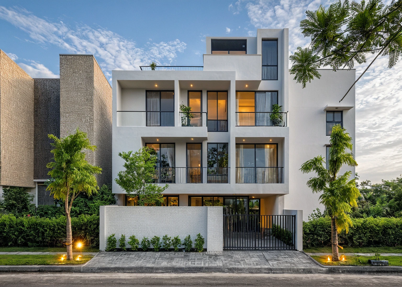 Masterpiece, high quality, best quality, authentic, super detail, outdoors, onestoreyvillaXL, aiaigroup, house style modern on the street ,stairs, white wall ,road,pavement, grass, trees, sky, cloud, (daylight:1.1)