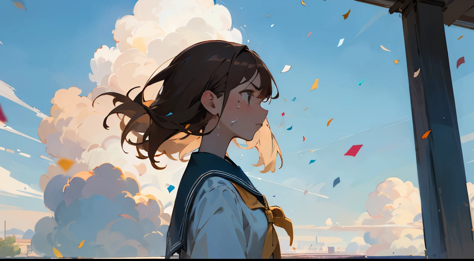 ((Highest quality)), ((masterpiece)), ((Very detailed)),Girl looking down,Angry expression,Confetti,Brown Hair,Blue sky and clouds,Tears on my cheeks,profile,student,School building