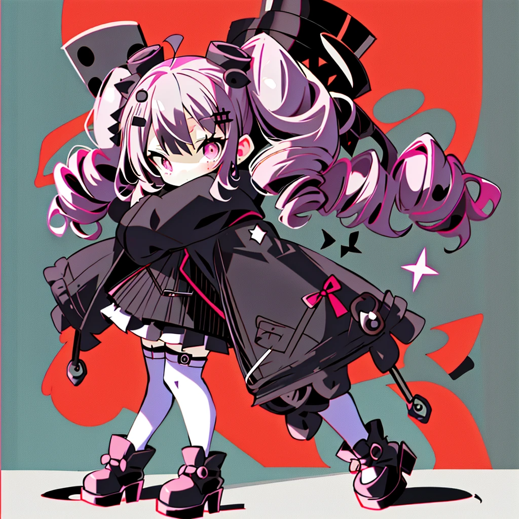 plastican00d, 1girl in, Chibi, Black, twin drills, Black, Magnificent,Looking at Viewer, Panel background
