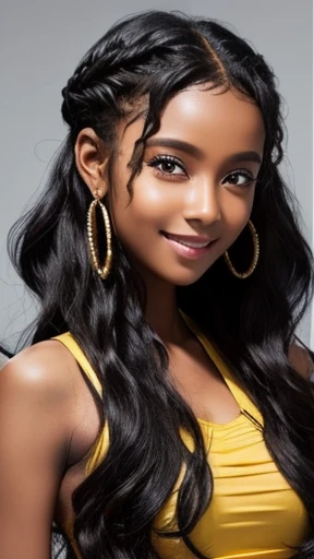 ((masterpiece))) whole body, (Somali Girl) ((black wavy hair, chignon hair, jet-black skin))), amber eyes, Beautiful Eyes, 18-year-old girl.AKB. archaic smiling