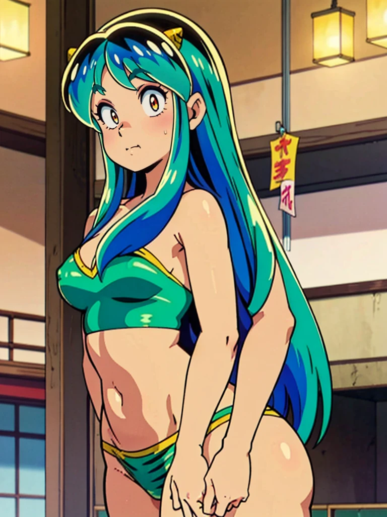 masterpiece, Highest quality, 1 Girl, Lum, Micro Bikini, Japan, High definition,  1980s anime style,  nose blush, mature, 18-year-old, looking away, looking down, come to stand at attention, view from front, green hair, light smile