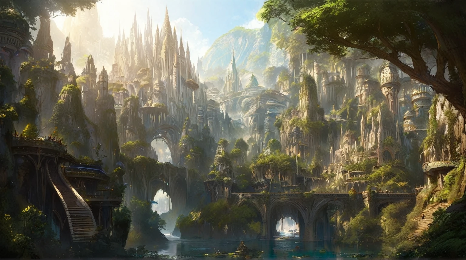 futuristic elven city,  elven architecture, highly detailed fantasy art, fantasyconcept, impressive fantasy landscape, epic fantasy concept art, fantasy capital city, masterpiece, highly detailed
