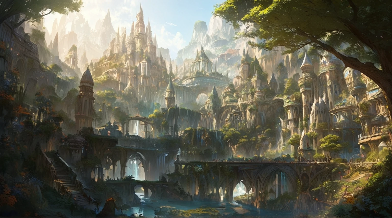 futuristic elven city, elven architecture, highly detailed fantasy art, fantasyconcept, impressive fantasy landscape, epic fantasy concept art, fantasy capital city, masterpiece, highly detailed