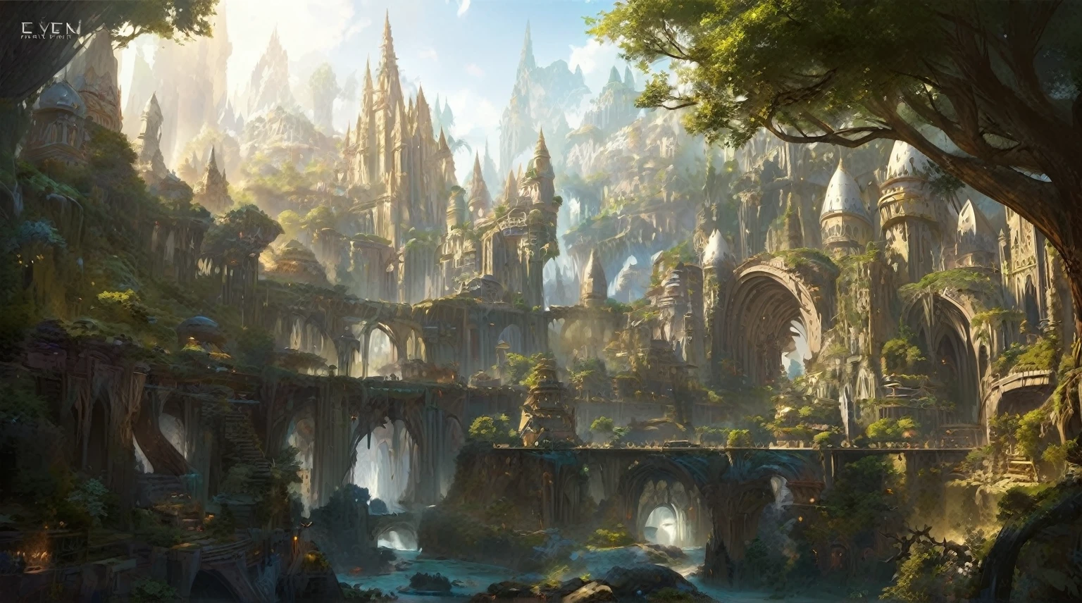 futuristic elven city, elven architecture, highly detailed fantasy art, fantasyconcept, impressive fantasy landscape, epic fantasy concept art, fantasy capital city, masterpiece, highly detailed