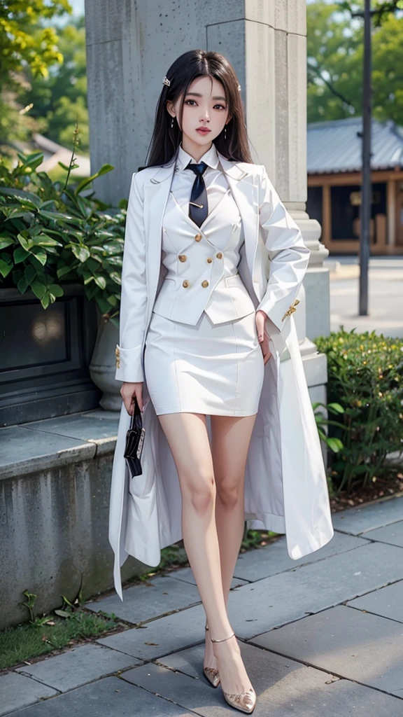 woman, shirt inside, ผูกnecktieสีดำ, No coat., เสื้อสูทwhiteด้านนอก, กระโปรงดินสอสั้นwhite, business woman suit, All white outfit, (สาวสวยTwo meter long hair, my hair is very long., extra long hair, long black hair), (Italian style suit, two button suit), (Italian suit, white สูท, Set of two buttons), (ใส่สูทwoman, Business woman สูท, white), (สูทwomanwhite), (เสื้อเชิ้ตwhite), necktie, (necktieสั้นสีดำ, necktieสีดำ, necktieผอม, ถักnecktie), (military rank insignia), (Short pencil skirtwhite), (Dynamic posts), full body, (A gigantic rift), (big breasts, thin body, small waist, hips raised, small thighs, Long legs), high-heelsสีดำ, (Short pencil skirt, white), Wearing a สูท for a business woman, (Wearing a white businesสูท, สูทนักธุรกิจหญิงwhite), (tight, military regalia, เสื้อwhite, กระโปรงwhite), (black shoes), (Two gold สูท buttons, Two meter long hair, Form fitting suit, เสื้อสูทwhiteทรงธรรมดารัดรูป), (black shoes, high-heels), (stand, walk, elegant gesture, Dynamic posts), short dress, earring, garden, monument,