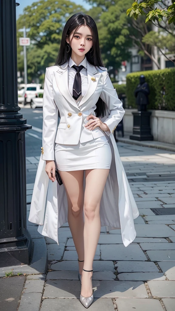 woman, shirt inside, ผูกnecktieสีดำ, No coat., เสื้อสูทwhiteด้านนอก, กระโปรงดินสอสั้นwhite, business woman suit, All white outfit, (สาวสวยTwo meter long hair, my hair is very long., extra long hair, long black hair), (Italian style suit, two button suit), (Italian suit, white สูท, Set of two buttons), (ใส่สูทwoman, Business woman สูท, white), (สูทwomanwhite), (เสื้อเชิ้ตwhite), necktie, (necktieสั้นสีดำ, necktieสีดำ, necktieผอม, ถักnecktie), (military rank insignia), (Short pencil skirtwhite), (Dynamic posts), full body, (A gigantic rift), (big breasts, thin body, small waist, hips raised, small thighs, Long legs), high-heelsสีดำ, (Short pencil skirt, white), Wearing a สูท for a business woman, (Wearing a white businesสูท, สูทนักธุรกิจหญิงwhite), (tight, military regalia, เสื้อwhite, กระโปรงwhite), (black shoes), (Two gold สูท buttons, Two meter long hair, Form fitting suit, เสื้อสูทwhiteทรงธรรมดารัดรูป), (black shoes, high-heels), (stand, walk, elegant gesture, Dynamic posts), short dress, earring, garden, monument,