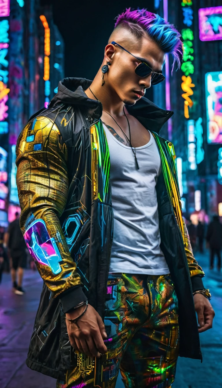 This is a stunning, male cyberpunk photo, showing off his multicolored hair shimmering under the neon lights of a futuristic cityscape. His powerful body is expertly depicted in exquisite detail, showing off its strength and lines that reflect the golden ratio. The background is a graffiti-covered urban landscape, filled with vibrant colors that contrast sharply with his figure. 8K photo quality