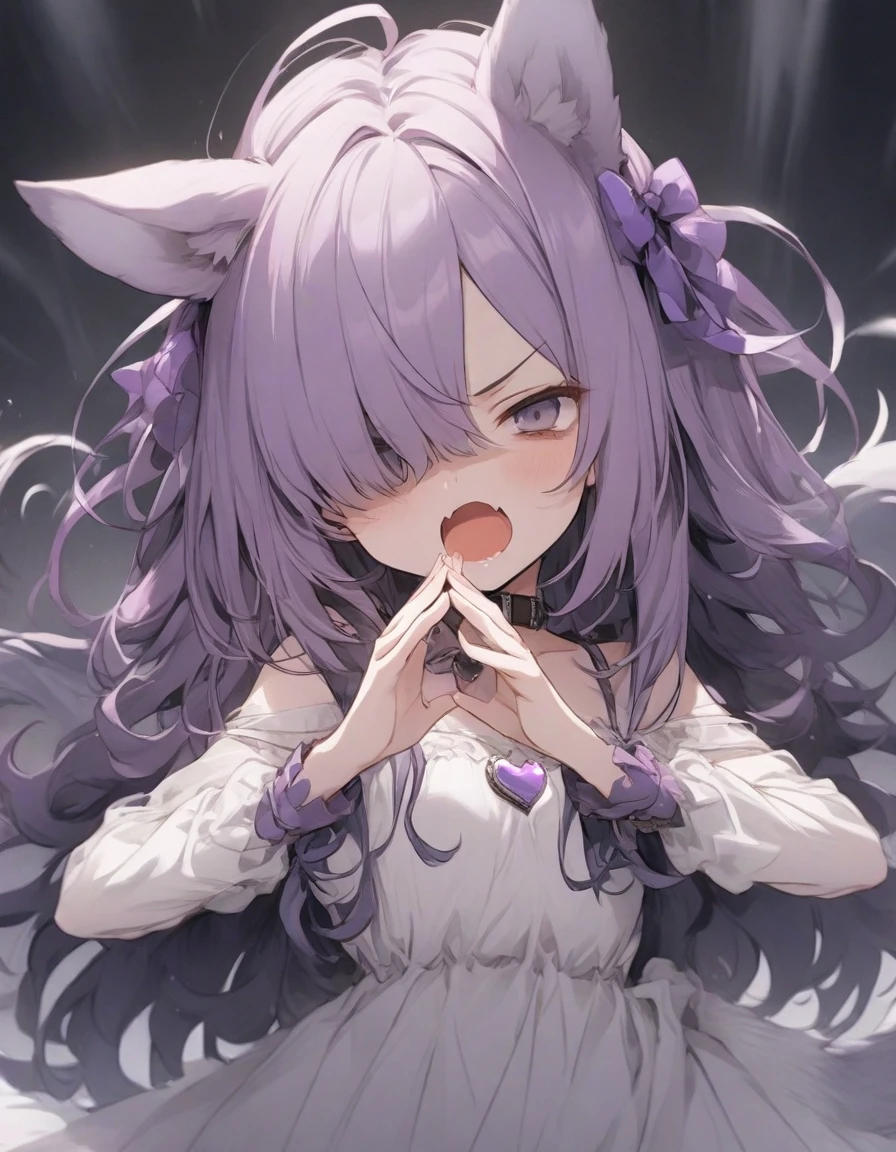 cute dress,(from below:1.25),angry,open mouth,standing,、、、purple ribbon,,,heart_brooch,{masterpiece), best quality, illustration, (1girl), , expressionless,,, (small breasts:1.5).rib, flat chest, ,,(purple hair:1.25),,bags_under_eyes,, (hair over one eye:1.25),,, , jimiko, long hair,big hair, {{shaded face}},, , {shaded face}, ,1girl, wince,,, darkness, dog ears,dog tail, collar,(raise both hands:1.5), threatening pose, "gao" pose, raise chin,