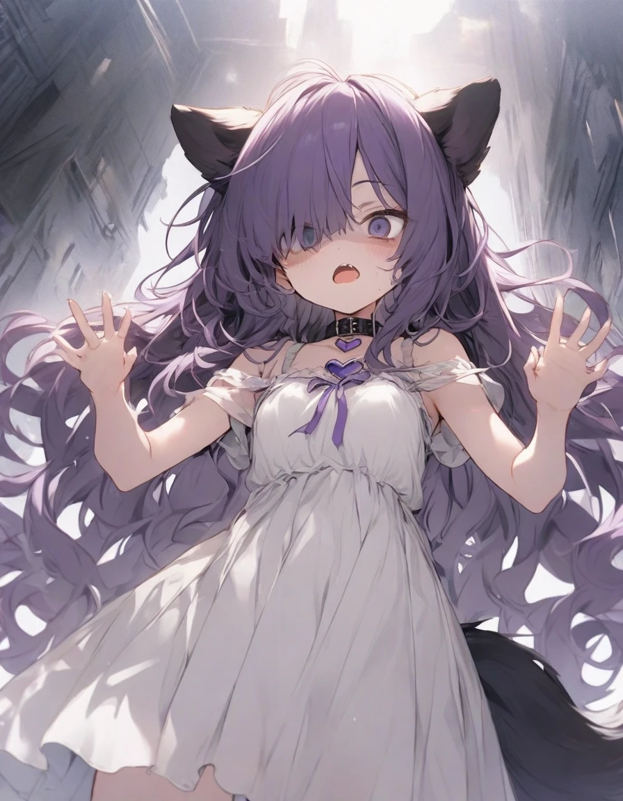 cute dress,(from below:1.25),angry,open mouth,standing,、、、purple ribbon,,,heart_brooch,{masterpiece), best quality, illustration, (1girl), , expressionless,,, (small breasts:1.5).rib, flat chest, ,,(purple hair:1.25),,bags_under_eyes,, (hair over one eye:1.25),,, , jimiko, long hair,big hair, {{shaded face}},, , {shaded face}, ,1girl, wince,,, darkness, dog ears,dog tail, collar,(raise both hands:1.5), threatening pose, "gao" pose, raise chin,