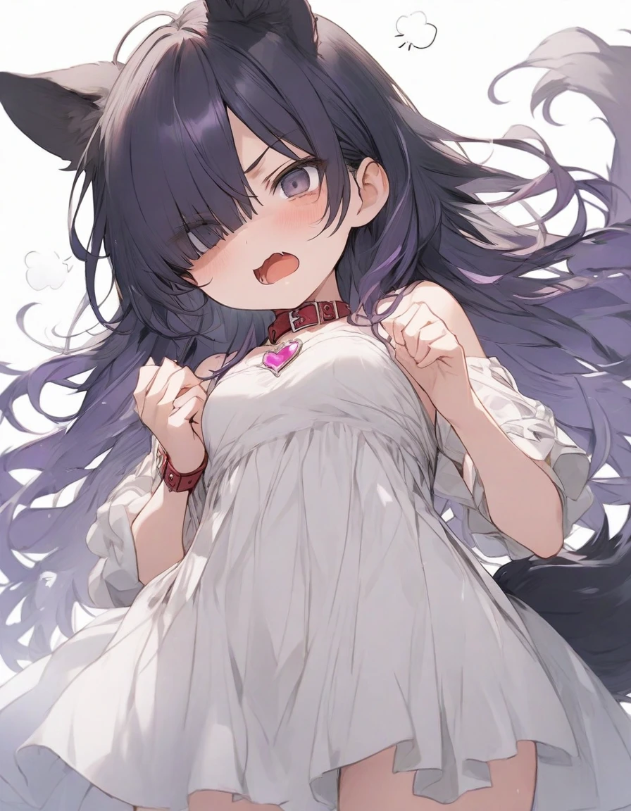 cute dress,(from below:1.25),angry,open mouth,standing,、、、purple ribbon,,,heart_brooch,{masterpiece), best quality, illustration, (1girl), , expressionless,,, (small breasts:1.5).rib, flat chest, ,,(purple hair:1.25),,bags_under_eyes,, (hair over one eye:1.25),,, , jimiko, long hair,big hair, {{shaded face}},, , {shaded face}, ,1girl, wince,,, darkness, dog ears,dog tail, collar,(raise both hands:1.5), threatening pose, "gao" pose, raise chin,