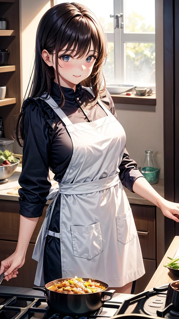 A cute woman is cooking in an apron
