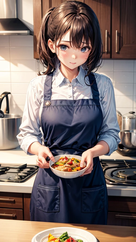 A cute woman is cooking in an apron