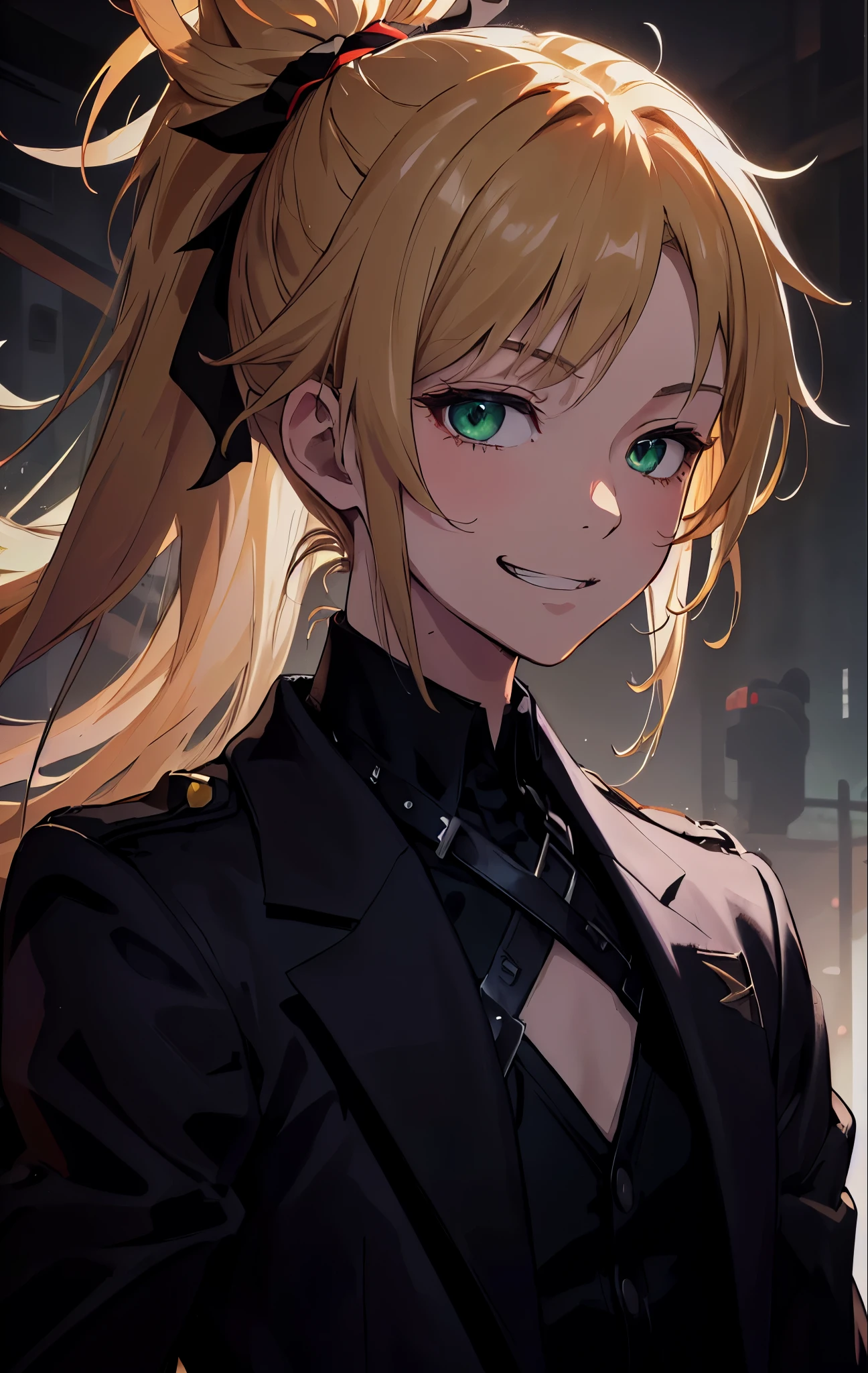 masterpiece, best quality, (detailed anime, video game art, extremely detailed CG unity 8k wallpaper), (best quality), (best illustration), (best shadow), absurdres, realistic lighting, (Abyss), beautiful detailed glow, anime, solo, 1girl, (small chest, portrait, close up shot:1.22), (mordred:0.89), female, feminine, half-closed eyes, masterpiece, best quality, (detailed anime, video game art, extremely detailed CG unity 8k wallpaper), (best quality), (best illustration), (best shadow), absurdres, realistic lighting, (Abyss), beautiful detailed glow, anime, solo, 1girl, (small chest, portrait, close up shot:1.22), (mordred:0.89), female, feminine, blonde hair, green eyes, ponytail, tomboy, long hair, (dynamic pose, attack stance, valkyrie, smirk:1.03), messy hair, royalty warrior, soldier, vicious expression, grin, (head tilt:1.22), cocky, death glare, kubrick stare, perspective view, (\ ( three quarter profile \ ):0.55), suit and tie, overcoat, black suit, belt, spotlight, dark theme