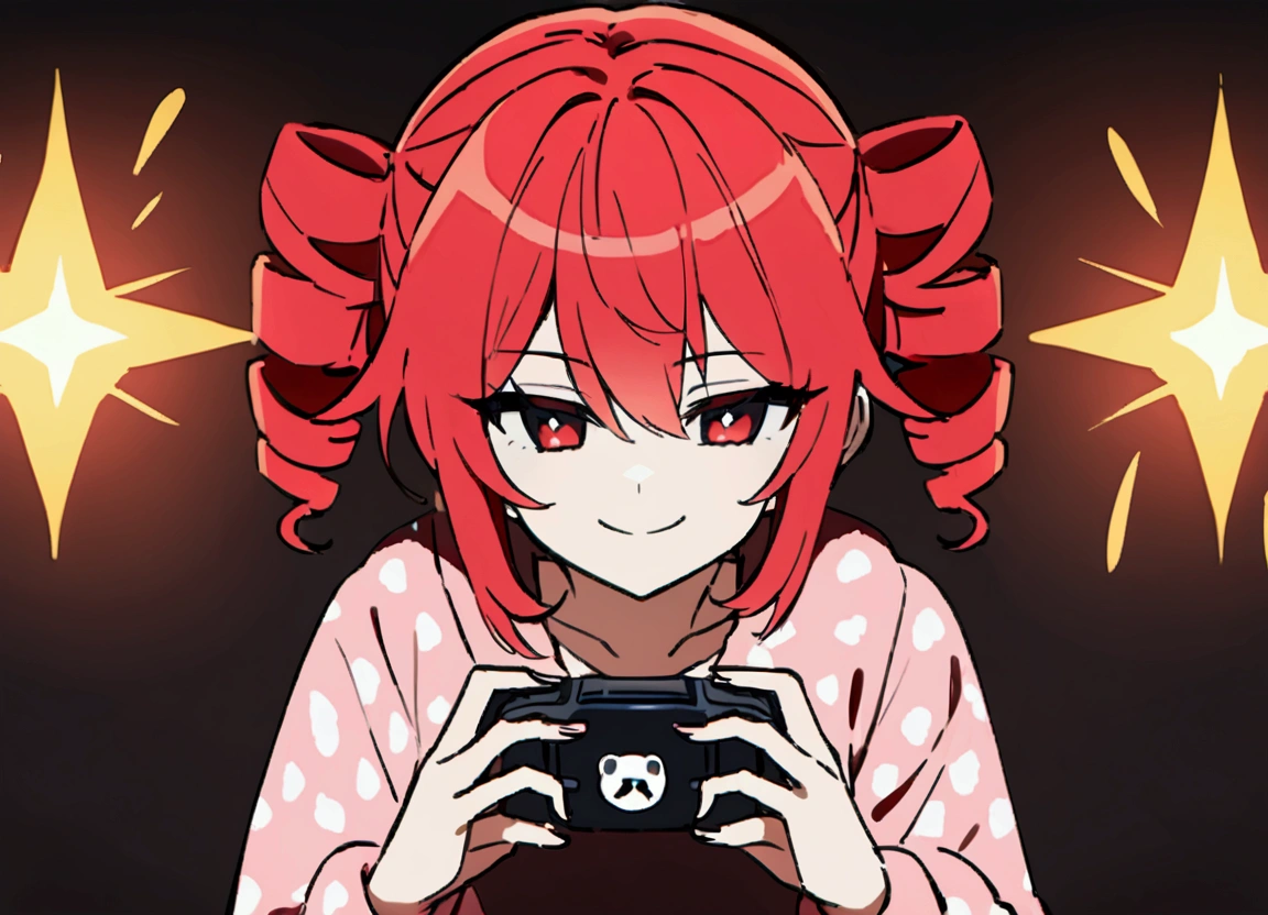Playing video games.,Red hair, loungewear, smiling、