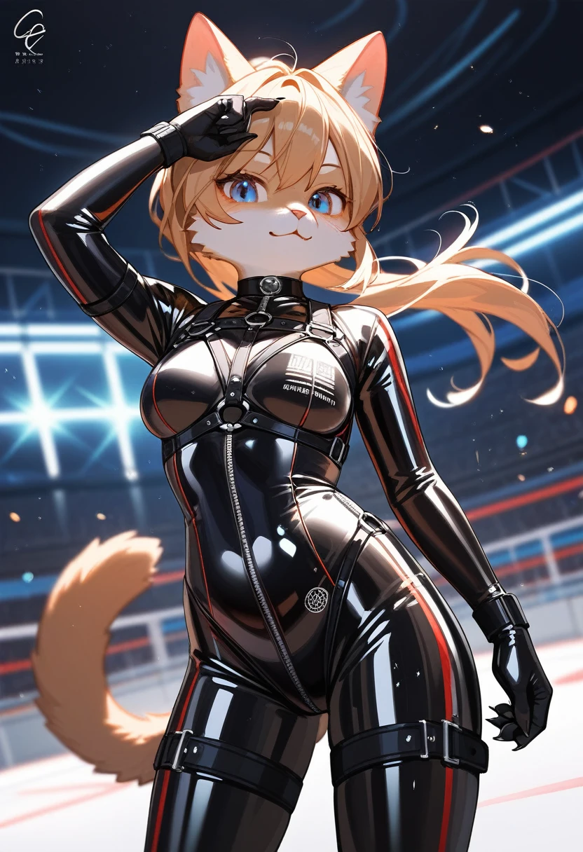 Highest quality, Highest quality, High quality illustrations, masterpiece, Ultra-high resolution, Detailed Background, cyber-, Absurd, Perfect Anatomy, performance, Good lighting, Shadows in the movies(kemono, Furry PersonifiCation), Cat, Rubber suit, latex, neon, neonライト, neonカラー, Racing Suits, Harness