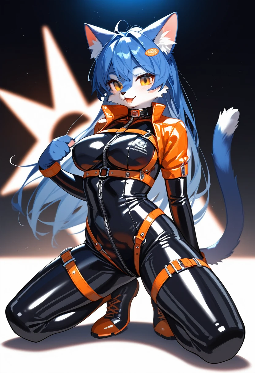 Wild paw:0.9, 1girl, ,pawpads,perfect lighting, extremely detailed art, Vivid colors with high contrast, tail, claws, great artist, Robot Girl, Blue hair, Jennywakeman with a cat body, Hair, bolt,