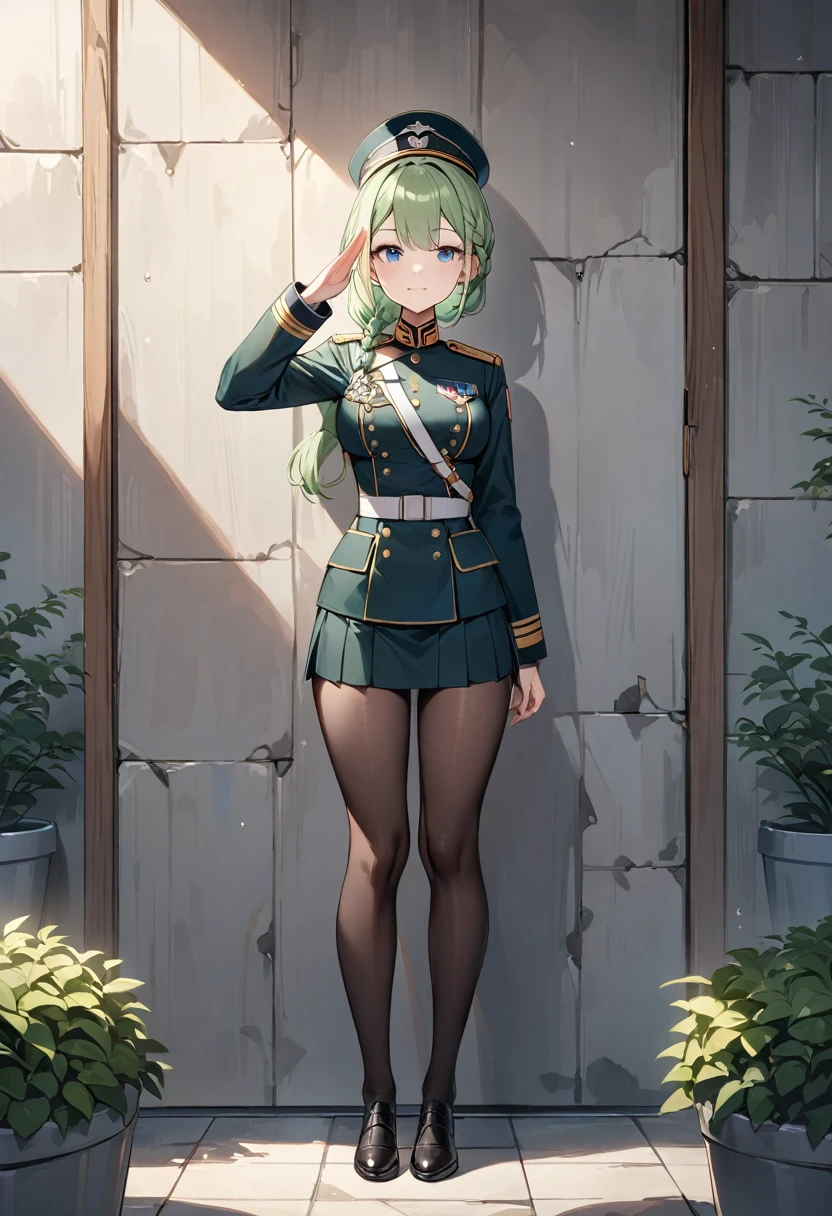 (masterpiece, top quality, very aesthetic, 4k、illustration), intricate detail, 1girl,Standing in front of a wall、(full body)、clear face、salute、(braid hair)、
Cute 、light green hair、,middle hair,sidelock ,,blue eye、Military uniform、Tight skirt、,medium breasts、Slim 、