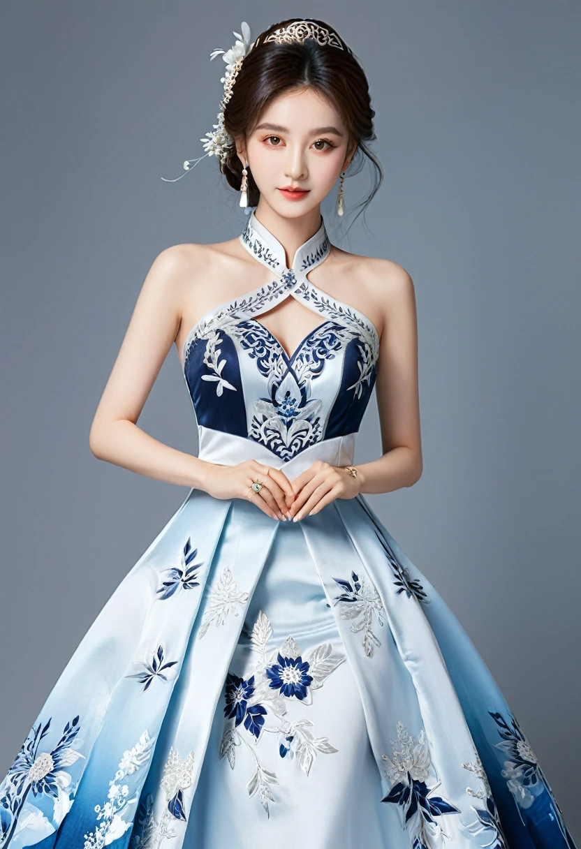 Realistic photo style, whole body 사진에 아름다운 아시아 소녀가 등장합니다., Wearing a unique ethnic style evening gown with delicate skin., bright and lively eyes, Thick eyelashes that look especially attractive. Long dresses are slim and elegant., Eye-catching silver jewelry and alcohol. The high-collar design adds an elegant atmosphere., Color of blue and white porcelain. using light and shadow, The vivid and harmonious appearance of the protagonist is highlighted... whole body, (masterpiece, best quality, professional, perfect composition, very aesthetic, absurd, very detailed, intricate details:1.3)