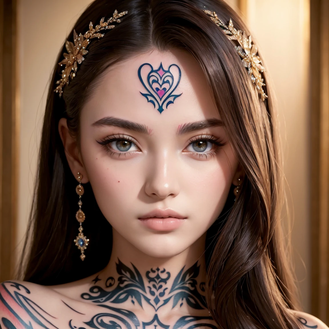 (masterpiece, best quality:1.5), ultra detailed, high resolution, 16k, the most beautiful face in the world, perfect face, delicate facial features, highly detailed beautiful face and eyes, shiny skin, highly detailed background, elaborately designed, fine cloth texture, BREAK, (gorgeous and stunning teenage princess in gorgeous and luxurious princess dress:1.2), perfect make-up, eyeshadow, lash extensions, rouge, deeply in love, full of elegance, (face mysterious tattoo:1.4)
