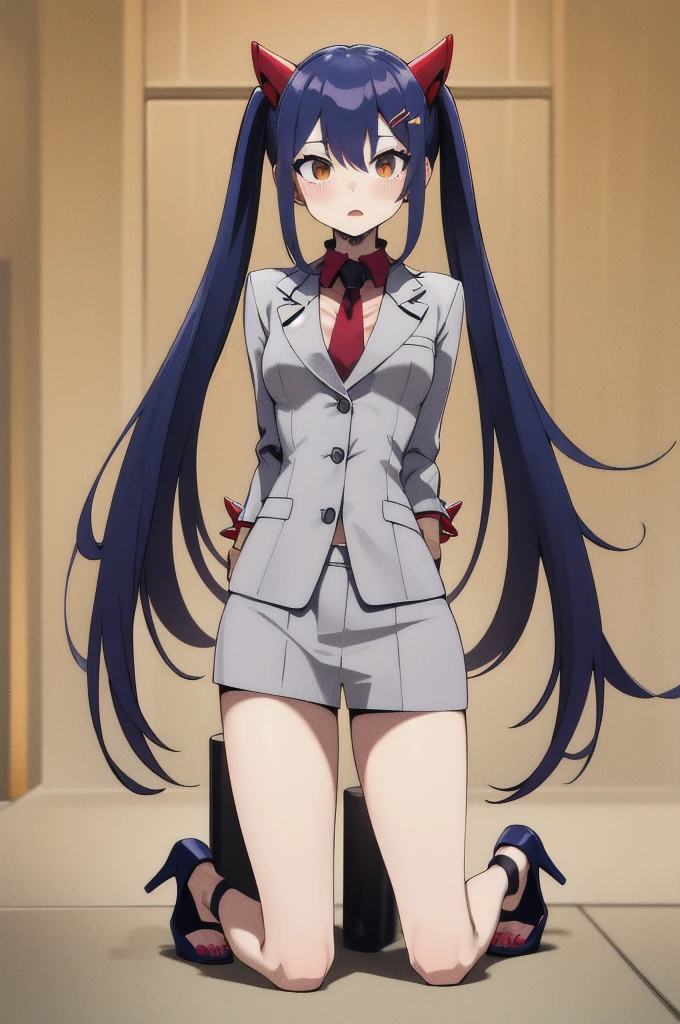 masterpiece, best quality, highres, aawendy, long hair, twintails, hair ornament, business suit, full body, red nails, open-toe platform high heels, spiked collar, spiked ankle bracelet, leash attached to collar