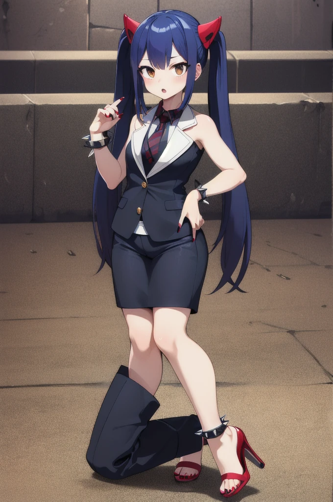 masterpiece, best quality, highres, aawendy, long hair, twintails, hair ornament, business suit, full body, red nails, open-toe platform high heels, spiked collar, spiked ankle bracelet, kneeling