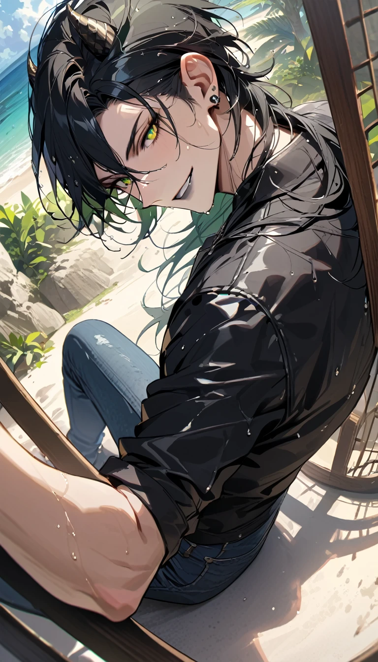 masterpiece, highres, absurdres, illustration, ((masterpiece:1.4, best quality)), (Ultra detailed background), 1boy, handsome man, highly detailed beautiful face and eyes, beautiful eyes, (sharp detail:1.3), shiny, earrings, bracelet, (wet clothes:1.3), Shirts, Bari, Cebu Island, plumeria, near the beach, dynamic angle, 1boy, sitting on floor, topless, black leather jacket, jeans, dynamic angle, malleus draconia (twisted wonderland) horns, bishounen, boy, male, yana Toboso style, long hair, black hair, yellow green eyes, smile, gray lips, handsome, skinny, tall, yellow green glow,