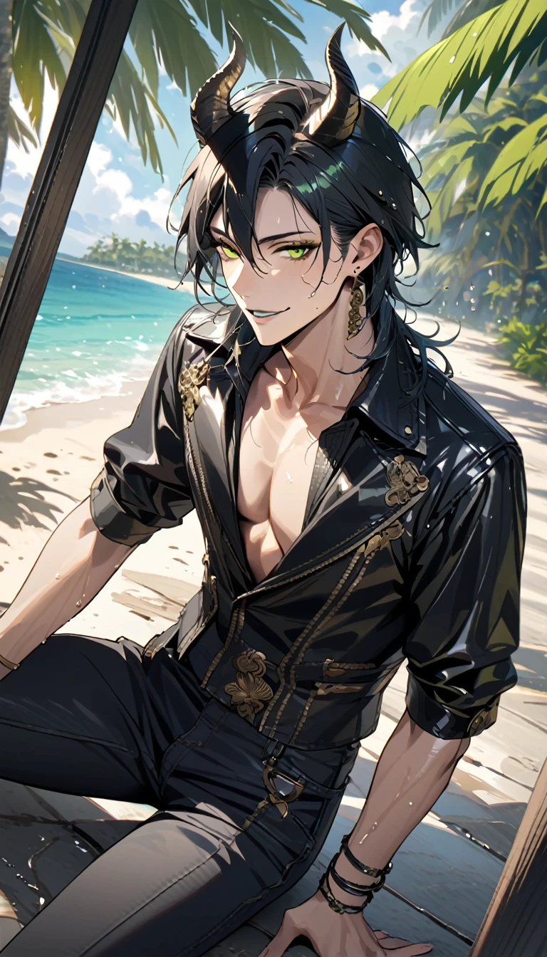 masterpiece, highres, absurdres, illustration,   ((masterpiece:1.4, best quality)), (Ultra detailed background), 1boy, handsome man, highly detailed beautiful face and eyes, beautiful eyes, (sharp detail:1.3), shiny, earrings, bracelet, (wet clothes:1.3), Shirts, Bari, Cebu Island, plumeria, near the beach, dynamic angle,  1boy, sitting on floor, topless, black leather jacket, jeans, dynamic angle, malleus draconia (twisted wonderland) horns, bishounen, boy, male, yana Toboso style, long hair, black hair, yellow green eyes, smile, gray lips, handsome, skinny, tall, yellow green glow,