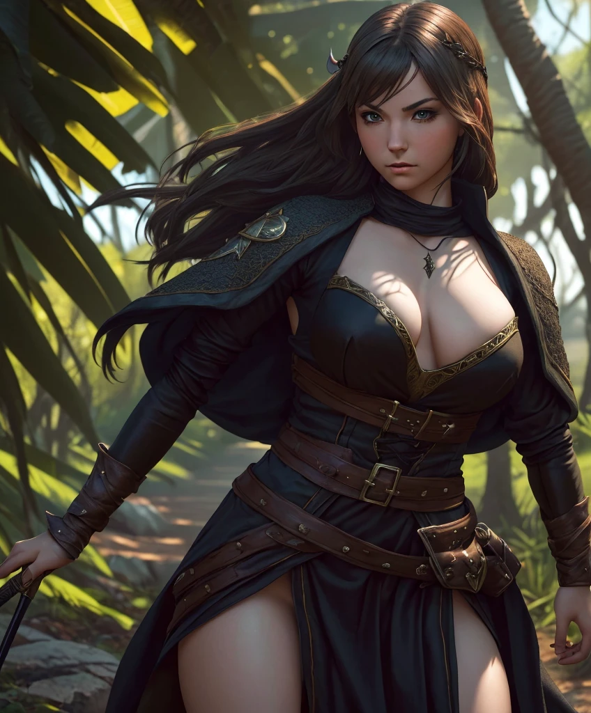 (((Single character image.))) (((1girl))) (((Dressed in medieval fantasy attire.))) (((Solo))) (((Generate a darkly sexy female character for a fantasy setting.))) (((Appears to be 20 years old with youthful looks.)))Generate a female character in a fantasy tropical setting.  She dresses in swashbuckler fashion, looks dangerous and sexy and seems like an ideal fantasy character.  best quality:1.0,hyperealistic:1.0,photorealistic:1.0,madly detailed CG unity 8k wallpaper:1.0,masterpiece:1.3,madly detailed photo:1.2, hyper-realistic lifelike texture:1.4, picture-perfect:1.0,8k, HQ,best quality:1.0, 