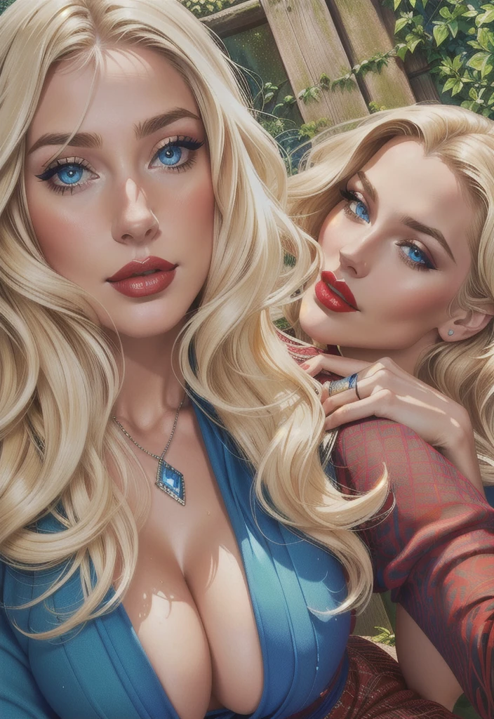 blond woman with blue eyes and red lips posing for a picture, with ivy, high quality upload, profile pic, with long blond hair, profile image, with her long, with godray, both have red lips, magali villeneuve and monet, profile picture, exclusive, 💋 💄 👠 👗, one blonde and one brunette, sensual bigboobsize white wet t-shirt v-neckline