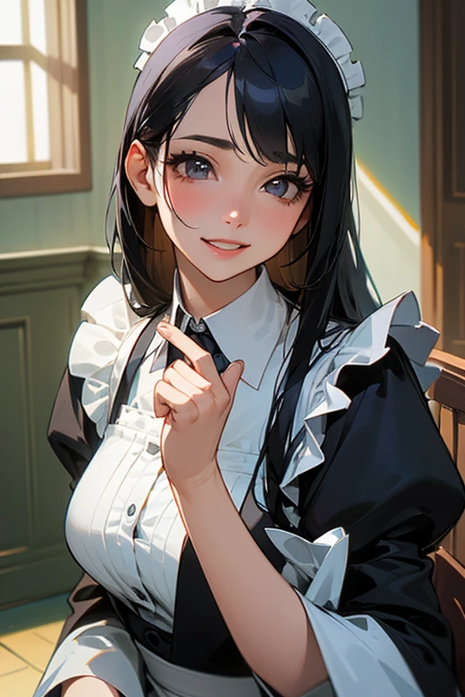 (Highest Resolution, clear_image) Highest quality, single, One woman, alone, masterpiece, Very detailed, Semi-realistic, Black Hairのショートヘア, Black Hair, bangs, 18-year-old, mature, Light blue , Indoor Background, kind, Authoritative, Powerful, exquisite features, exquisite features、Eyelashes become longer、Showing teeth、smile😀、Maid clothes、woman'Fingers in the、Sleeping on the sofa、Long Hair、Fluttering in the wind、((Off-the-shoulder clothing))