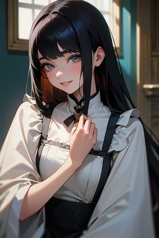 (Highest Resolution, clear_image) Highest quality, single, One woman, alone, masterpiece, Very detailed, Semi-realistic, Black Hairのショートヘア, Black Hair, bangs, 18-year-old, mature, Light blue , Indoor Background, kind, Authoritative, Powerful, exquisite features, exquisite features、Eyelashes become longer、Showing teeth、smile😀、Maid clothes、woman&#39;Fingers in the、Sleeping on the sofa、Long Hair、Fluttering in the wind、((Off-the-shoulder clothing))