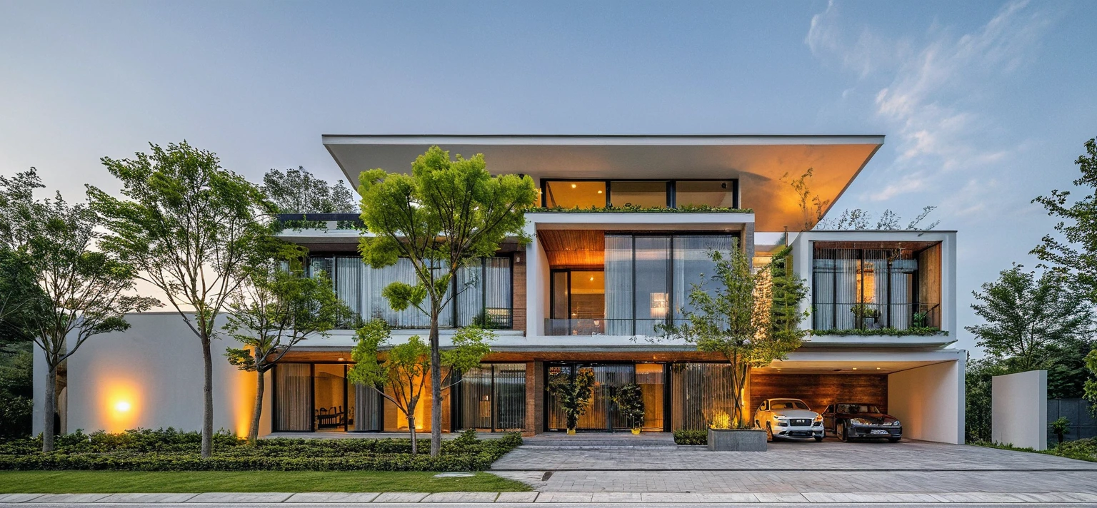 Real pictures of houses with balconies and balconies, idea houses, architectural ideas, architectural drawings, house designs, real pictures, daylight, beautiful plants, gray aluminum glass doors , interior lighting, spot light, 8k.