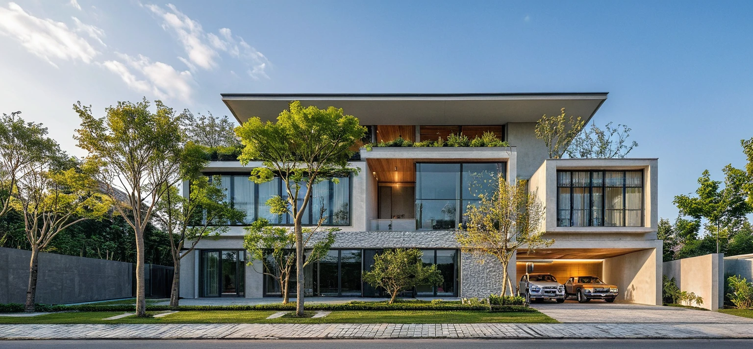 Real pictures of houses with balconies and balconies, idea houses, architectural ideas, architectural drawings, house designs, real pictures, daylight, beautiful plants, gray aluminum glass doors , interior lighting, spot light, 8k.