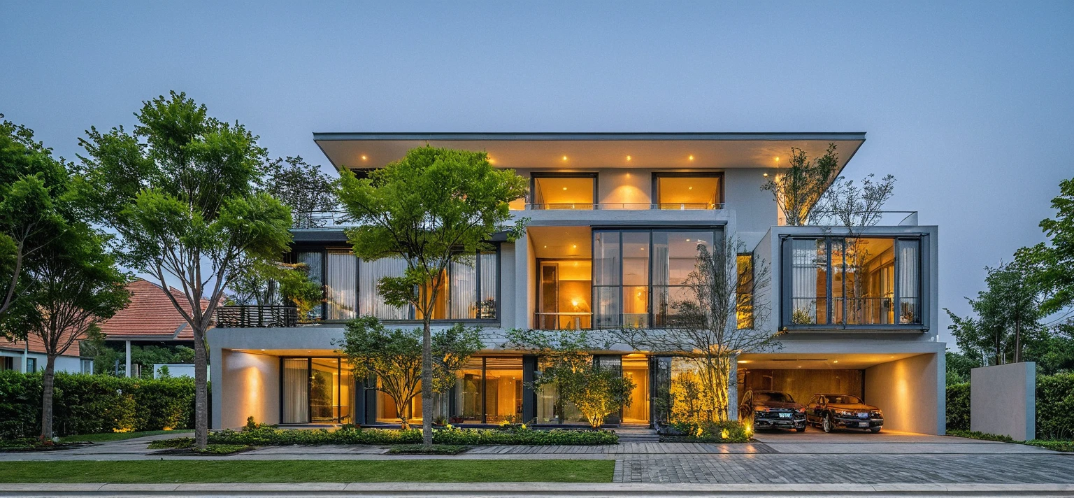 Real pictures of houses with balconies and balconies, idea houses, architectural ideas, architectural drawings, house designs, real pictures, daylight, beautiful plants, gray aluminum glass doors , interior lighting, spot light, 8k.