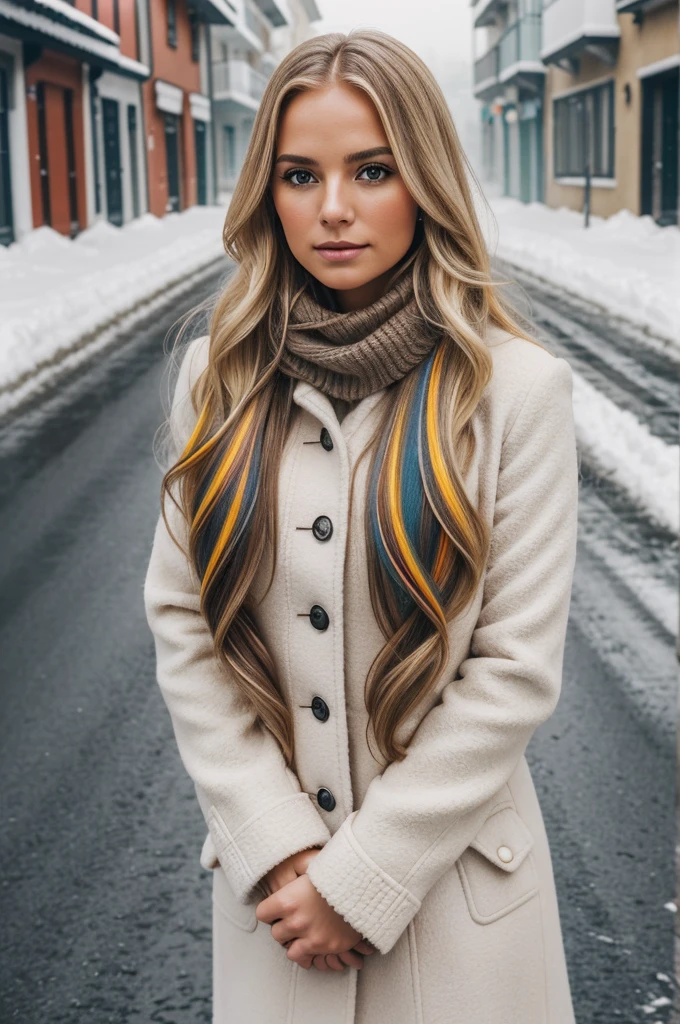 proFessional portrait photograph oF a gorgeous Norwegian girl in winter clothing with long wavy blonde hair, sultry Flirty look, gorgeous symmetrical Face, lindo maquillaje natural, wearing elegant warm winter Fashion clothing, ((parado afuera en una calle nevada de la ciudad)), impresionante entorno urbano moderno, ultra realista, arte conceptual, elegant, muy detallado, Intrincado, sharp Focus, depth oF Field, F/1. 8, 85mm, Tiro medio, plano medio, (((proFessionally color graded))), bright soFt diFFused light, (volumetric Fog), tendencia en instagram, hdr 4k, 8k