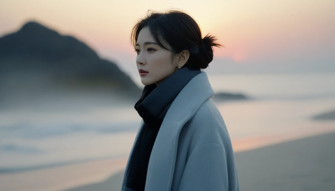8K, 超high resolution, best quality, masterpiece, surreal, painting,A three-part method, 1 woman, (36 years old:1.3), Korean woman,(wearing a long winter coat and scarf、Thin black double sided updo :1.5)、(The woman turned around with a very sad expression., 겨울 해변에서 바람에 휘날리는 short medium hair 그녀의 머리카락:1.5)、(blurred background:1.5)、(red sky at sunset:1.5)、(complete anatomy:1.5) (full finger:1.3)、realistic、生painting、high resolution、beautiful details、((thin legs))、Super cute supermodel, detailed、surreal、red light of sunset, 빛과 painting자, short medium hair,1 female camera 16-35 wide angle lens, Full body shot walking on the beach